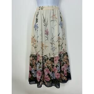 Vintage 70s Cream Multicolor Floral Sheer Midi Skirt Prairie Cottagecore Size XS